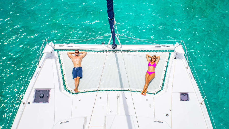 Couple on Moorings 5000 trampoline